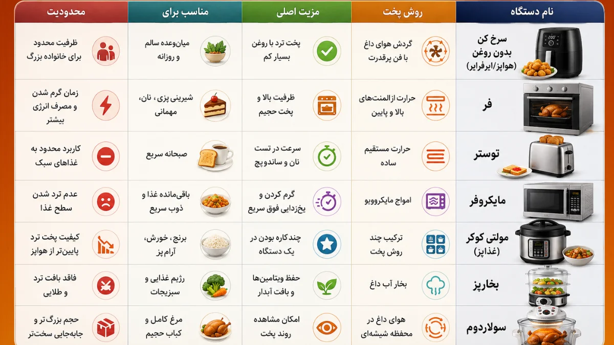 جدول مقایسه سرخ کن، هواپز، فر، توستر، مایکروفر، مولتی کوکر و بخارپز