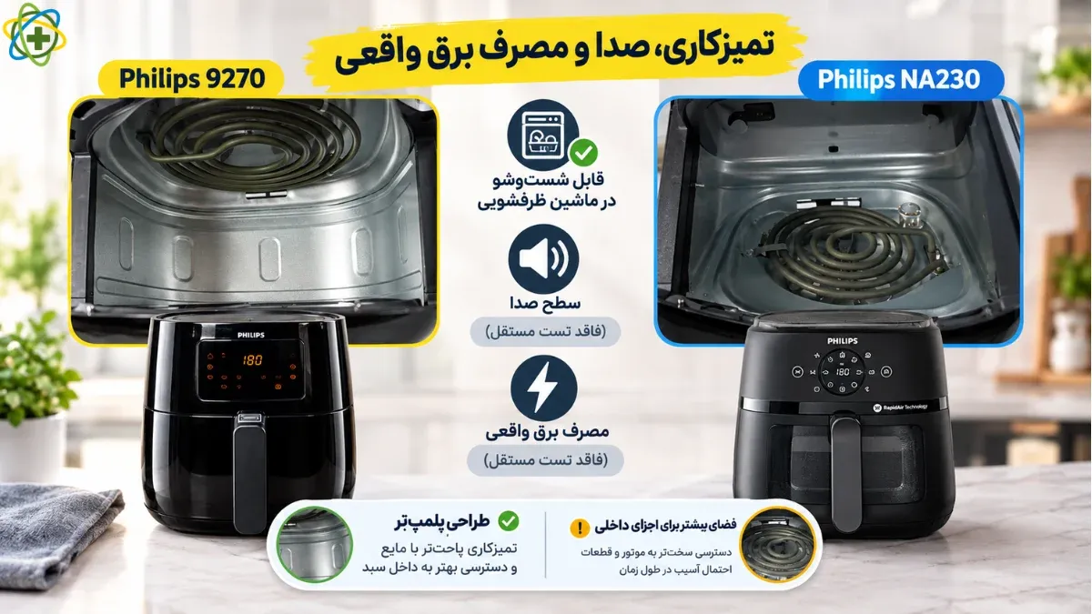 تمیزکاری، صدا و مصرف برق واقعی سرخ کن فیلیپس 9270 در مقابل na230 تمیزکاری، صدا و مصرف برق واقعی سرخ کن فیلیپس 9270 در مقابل na230